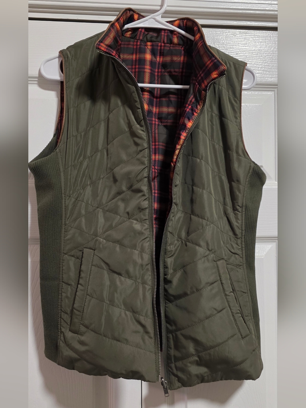 Grace & Lace Olive Quilted Vest with Plaid Reversible